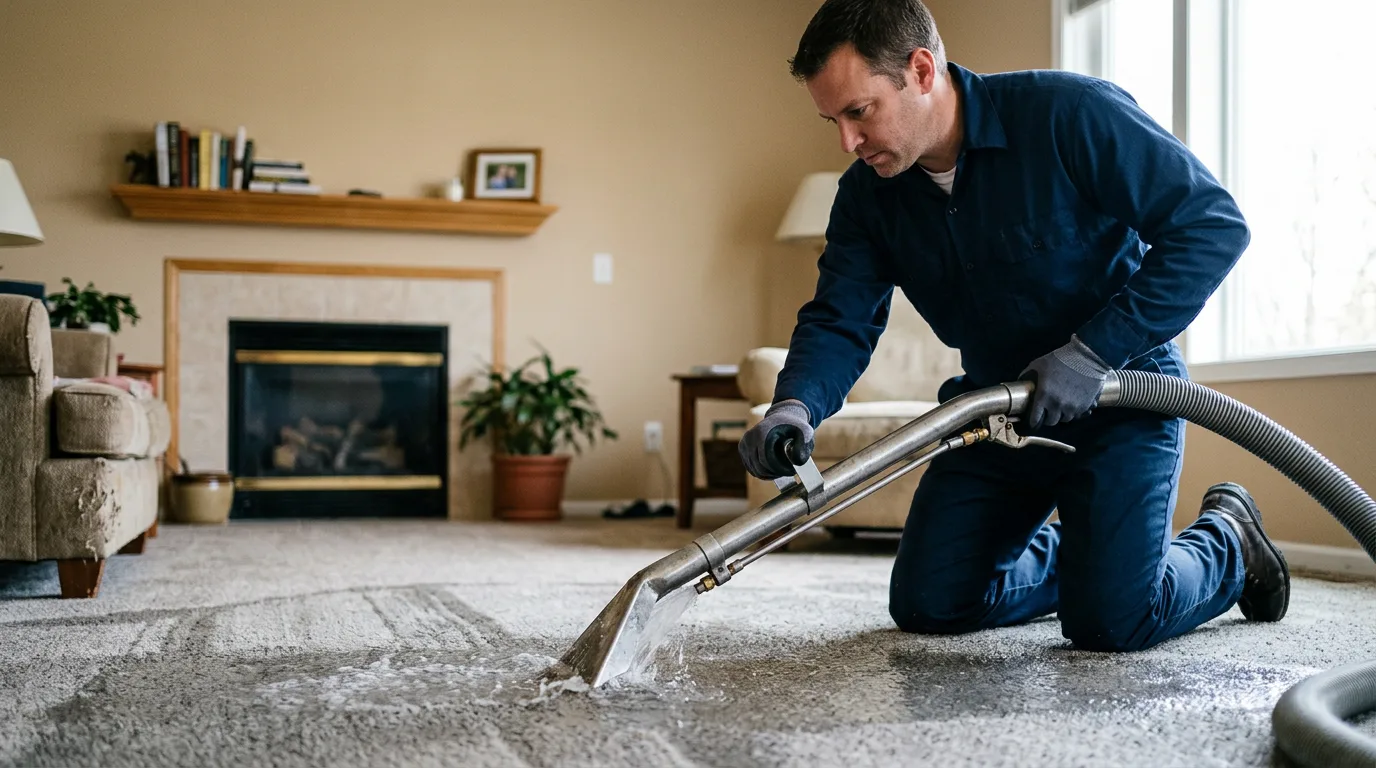 Water damage restoration technician working near Waterman, IL
